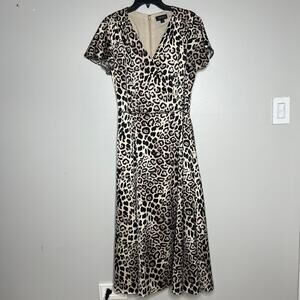 Tahari Arthur S. Levine Animal Print Dress Sz 14 Faux Wrap V-Neck Flutter Sleeve